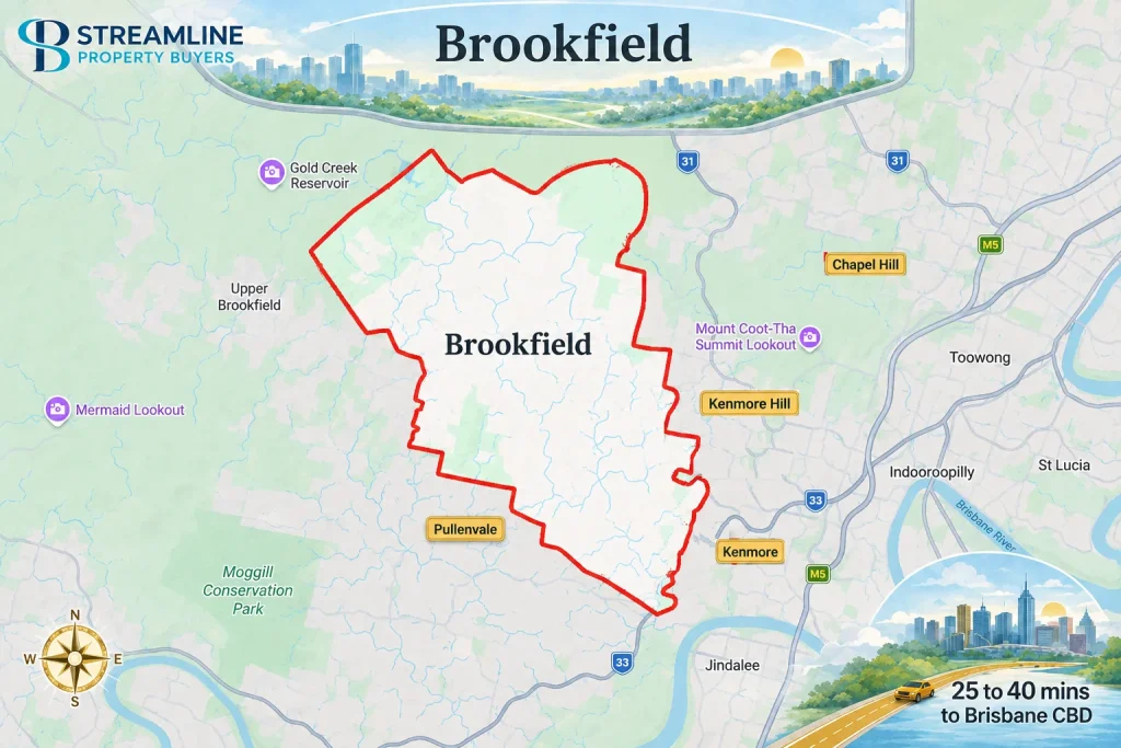 Brookfield Brisbane map showing suburb boundary, nearby areas, and distance to Brisbane CBD.