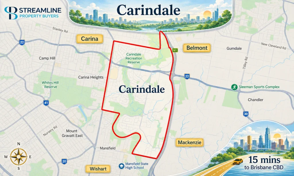 Carindale suburb map by Streamline Property Buyers showing 15 mins to Brisbane CBD.