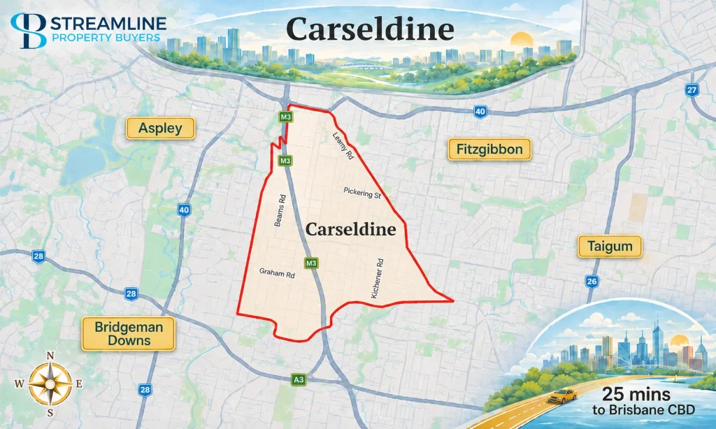 Carseldine map showing suburb boundaries, nearby areas, major roads, and 25-minute drive to Brisbane CBD.