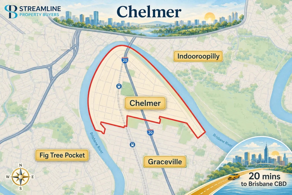 Chelmer border map showing nearby suburbs and 20 minutes to Brisbane CBD.