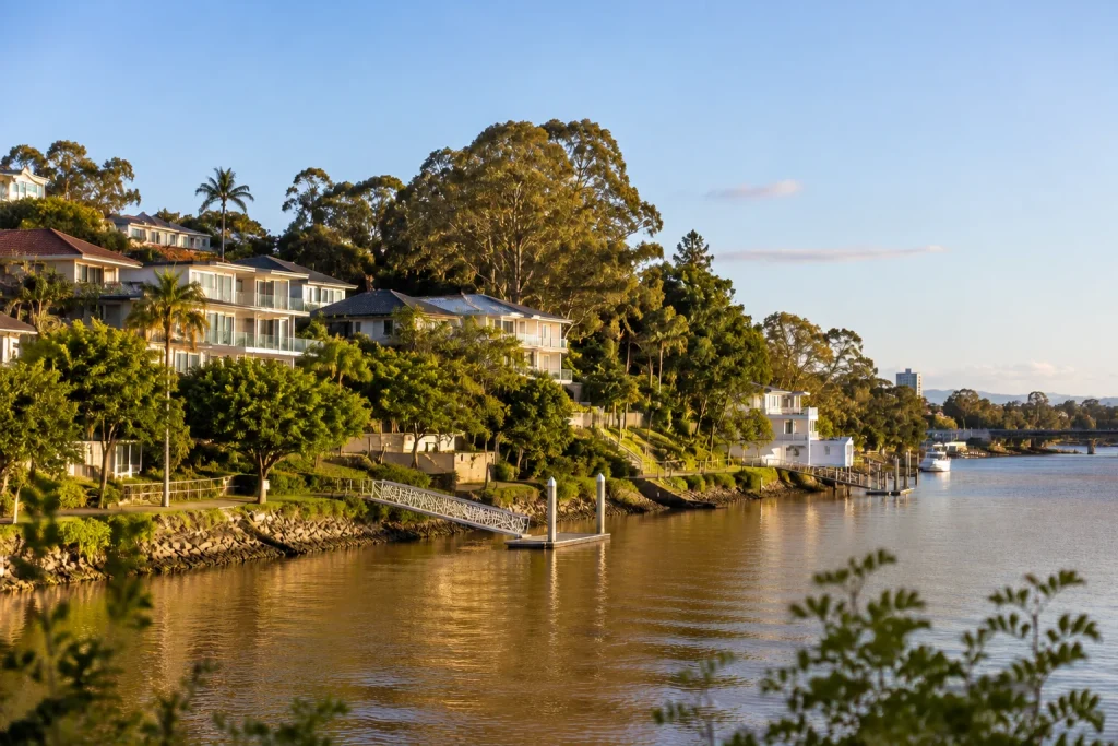 Chelmer Brisbane riverfront homes and private jetties.