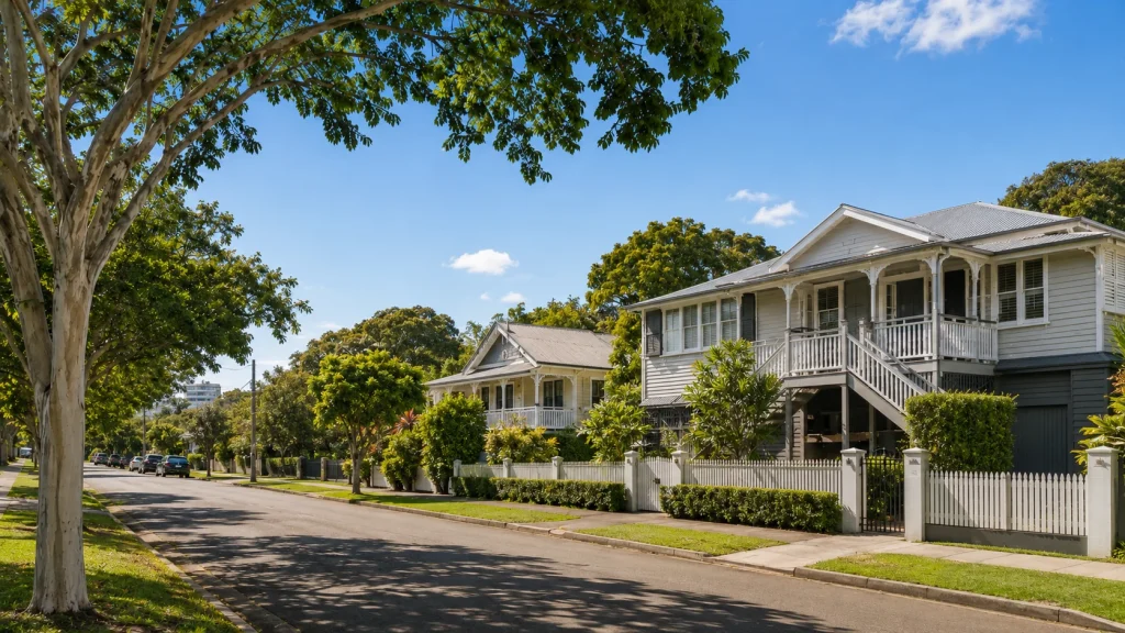 East Brisbane Queenslander homes on leafy residential street.
