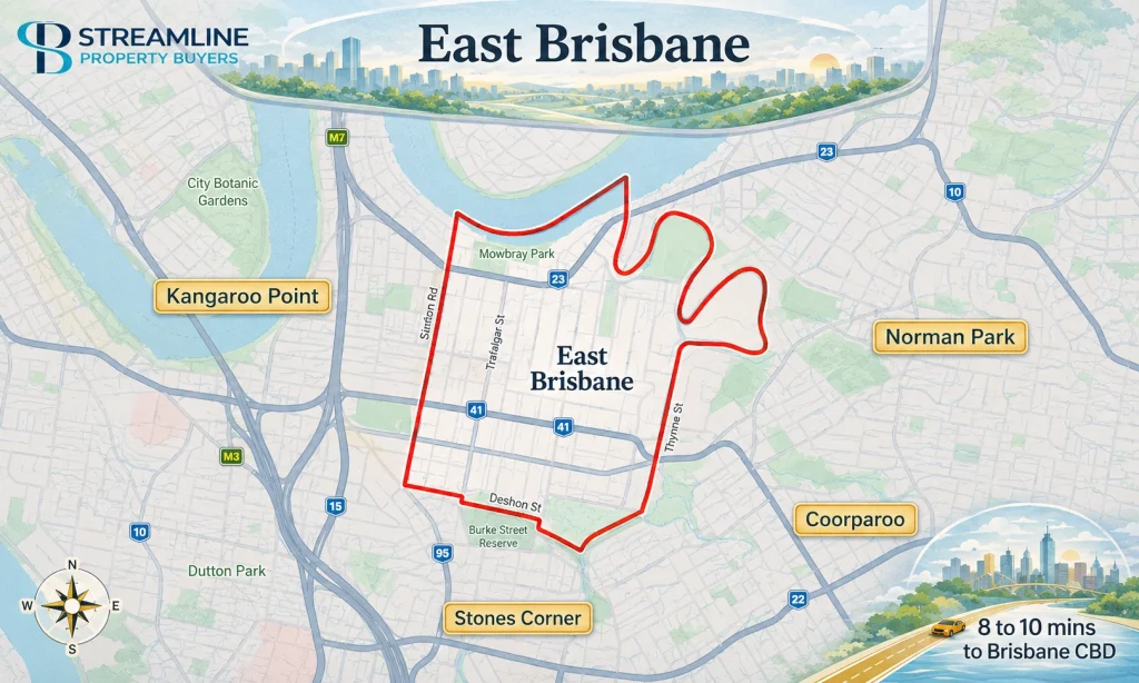 East Brisbane border map showing nearby suburbs and an 8 to 10-minute drive to Brisbane CBD.