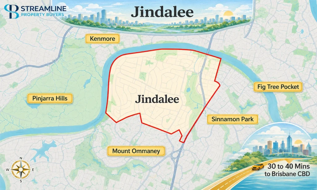 Jindalee suburb boundary map showing location, nearby suburbs, and travel time to Brisbane CBD (30–40 minutes).