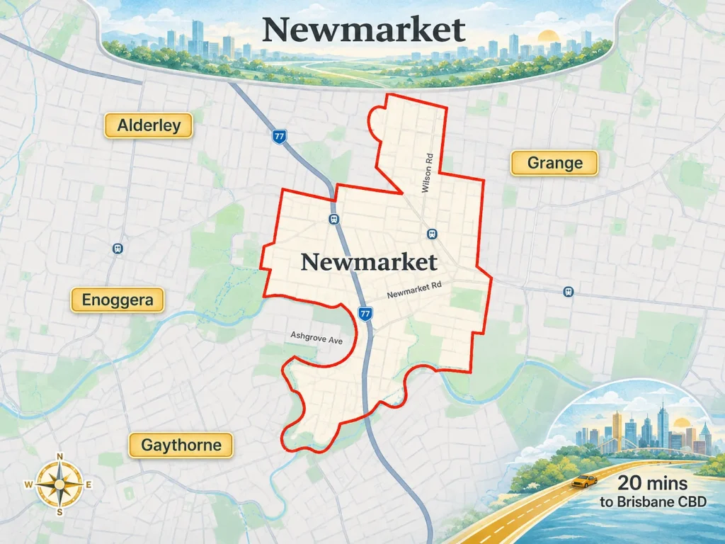 Newmarket Brisbane suburb map with boundary and nearby areas.