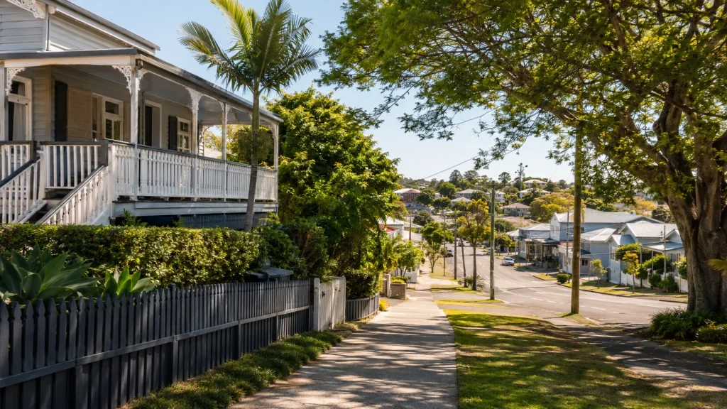 Newmarket Brisbane residential street with heritage Queenslander home, leafy trees, and suburban neighborhood views.
