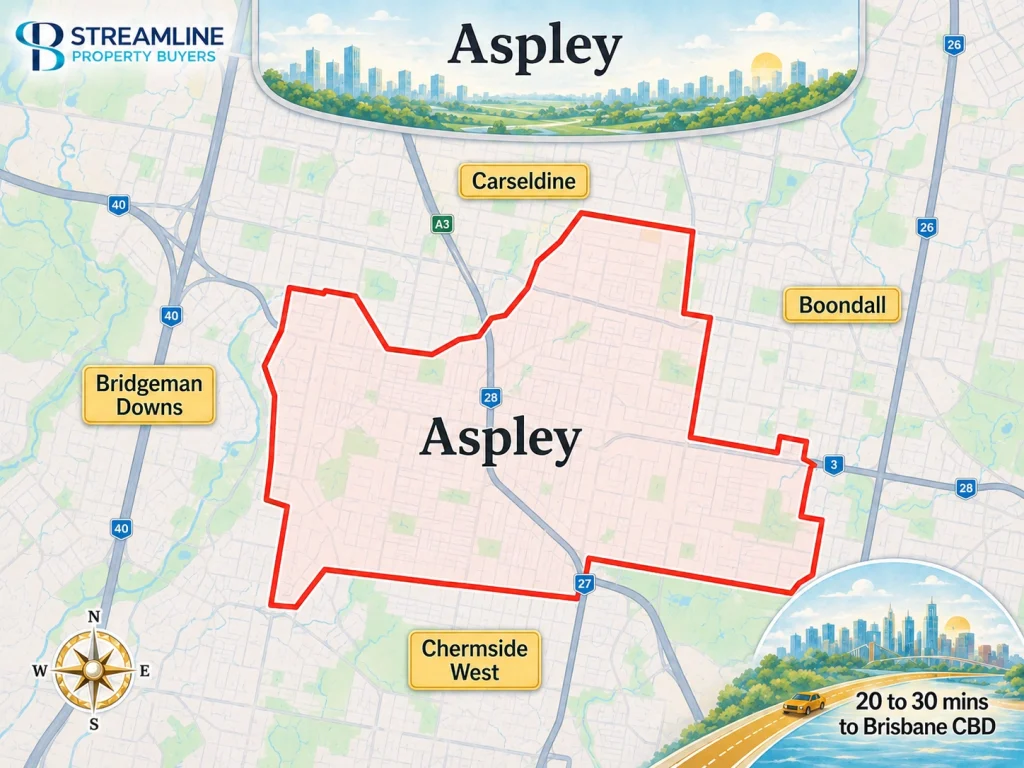 Aspley map with suburb borders and nearby areas.