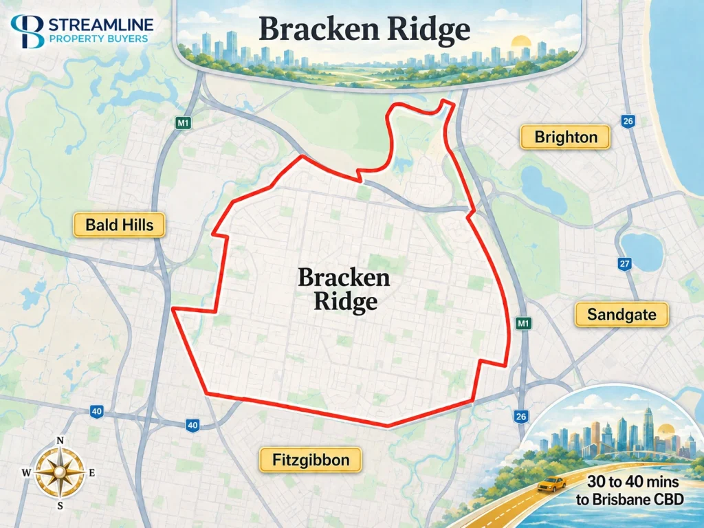 Bracken Ridge suburb border map near Bald Hills, Brighton, Sandgate, and Fitzgibbon