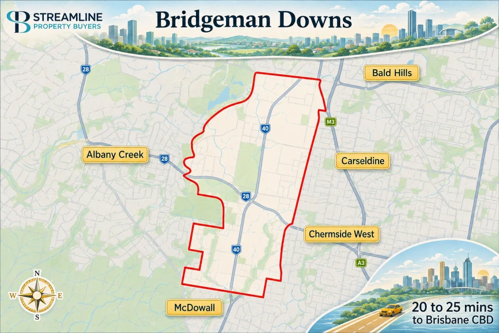 Bridgeman Downs map near Albany Creek, Carseldine and McDowall.