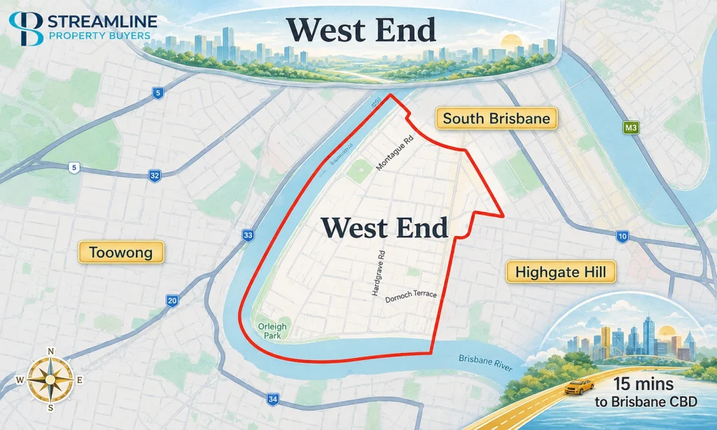 West End map showing suburb boundaries and nearby Brisbane areas.