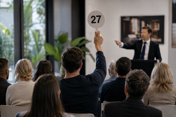 Property buyer bidding at auction.