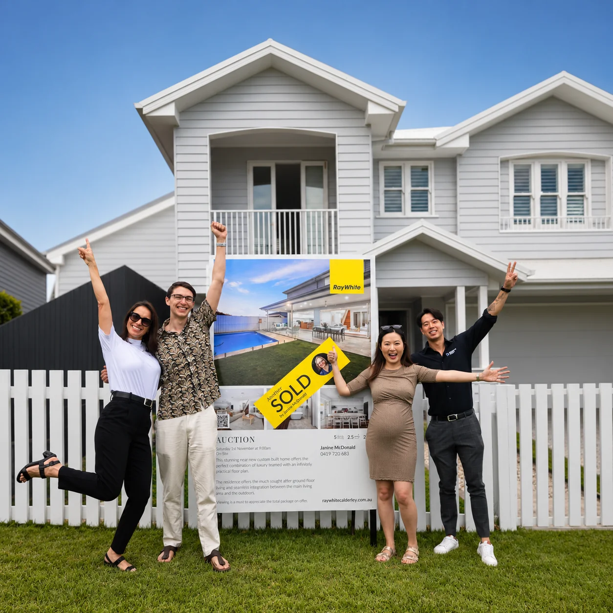 Happy home buyers celebrating a successful property sale in front of a house in Brisbane.