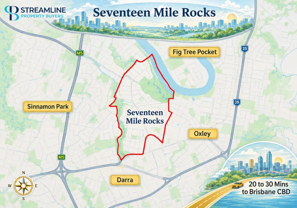 Map of Seventeen Mile Rocks showing suburb boundaries, nearby areas and a 20 to 30 minute drive to Brisbane CBD.