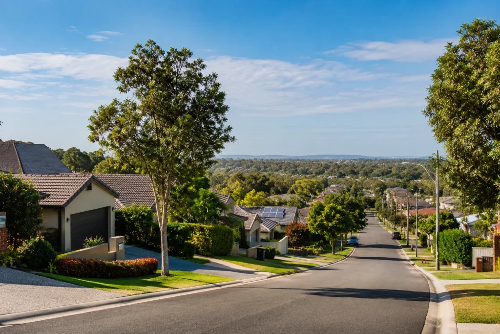 Hillside homes and tree-lined street in Seventeen Mile Rocks, Brisbane QLD.