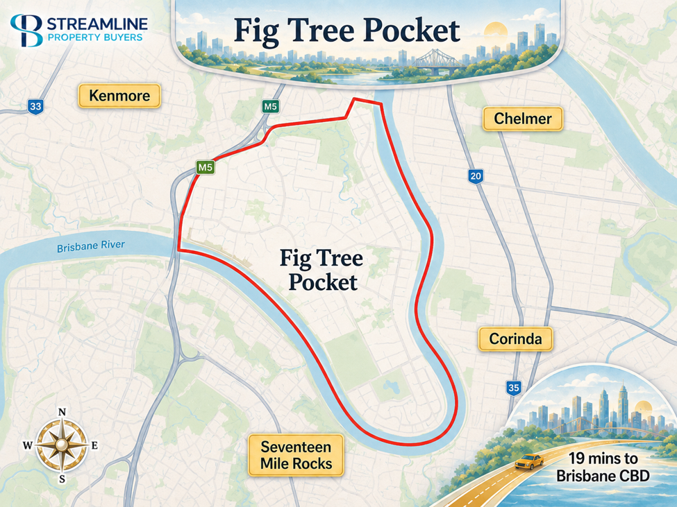 Fig Tree Pocket suburb map and Brisbane CBD location.