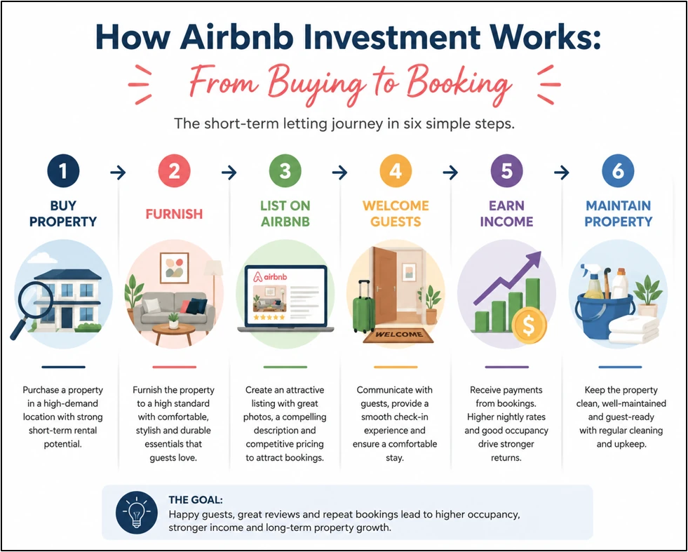 How Airbnb Investment Works from Buying to Booking infographic.