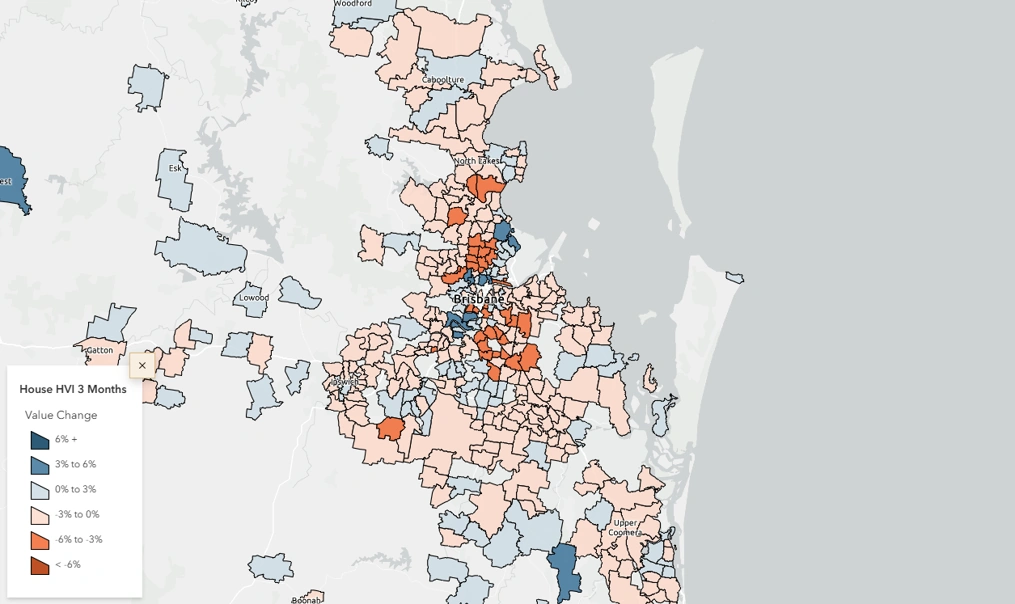 Brisbane house value change map showing three-month HVI trends across suburbs.