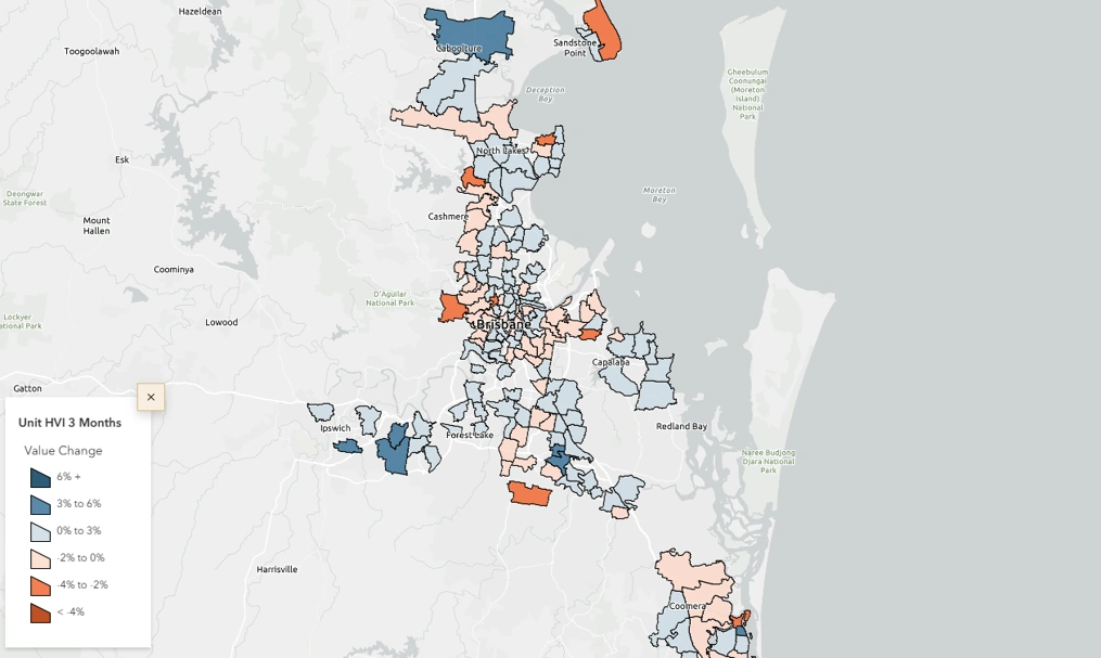 Brisbane unit value change map showing three-month HVI trends across suburbs.