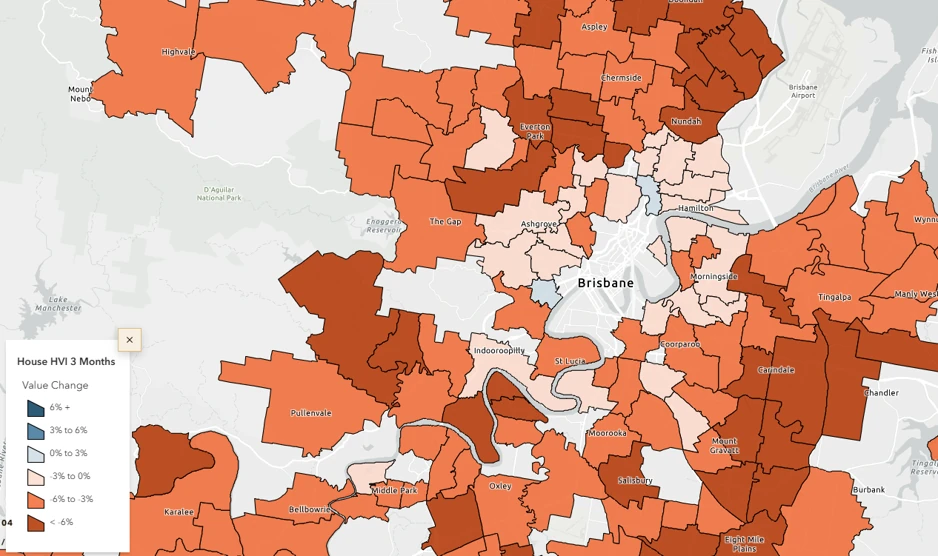 Brisbane suburb map showing three-month house value changes across local property markets