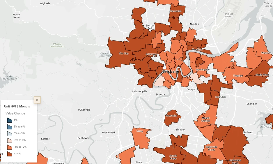 Brisbane suburb map showing three-month unit value changes across local property markets