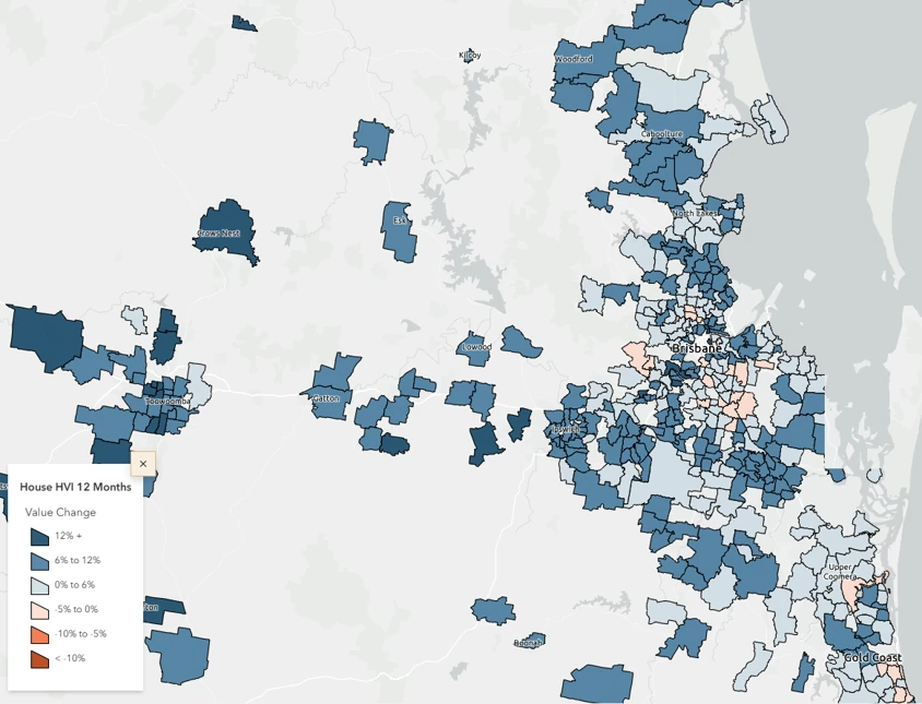 Greater Brisbane map showing 12-month house value changes across suburbs and surrounding property markets