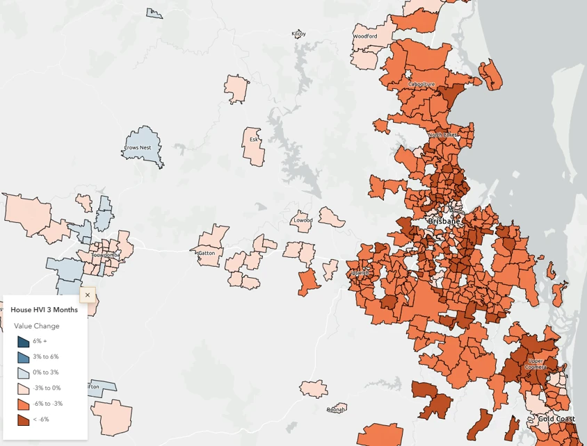 Greater Brisbane map showing three-month house value changes across suburbs and surrounding property markets