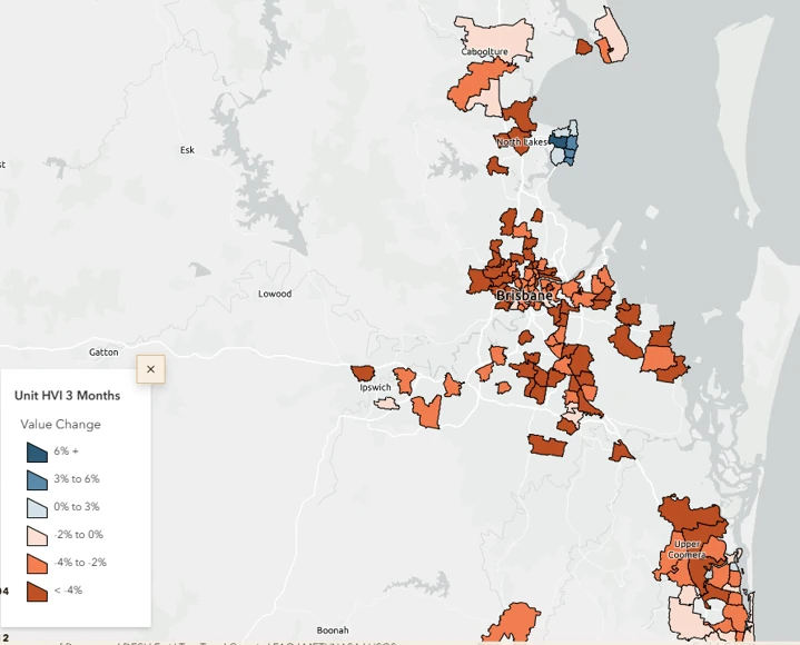 Greater Brisbane map showing three-month unit value changes across suburbs and surrounding property markets